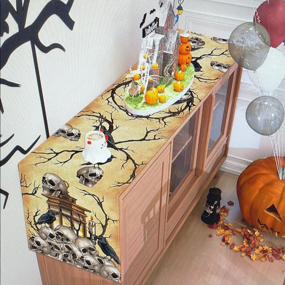 Skull & Crow Gothic Table Runner – Black/Cream – NWOT - Picture 4 of 4